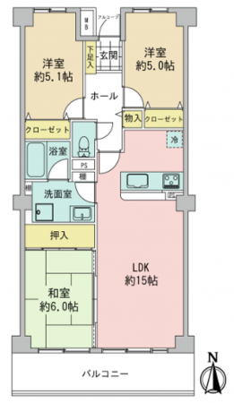 上尾市柏座、マンションの間取り画像です