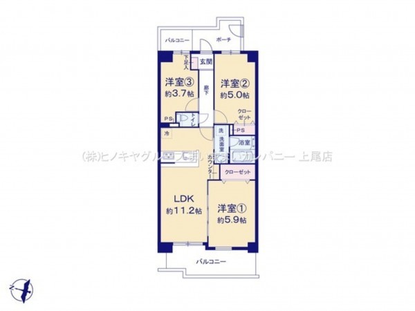 上尾市柏座、マンションの間取り画像です