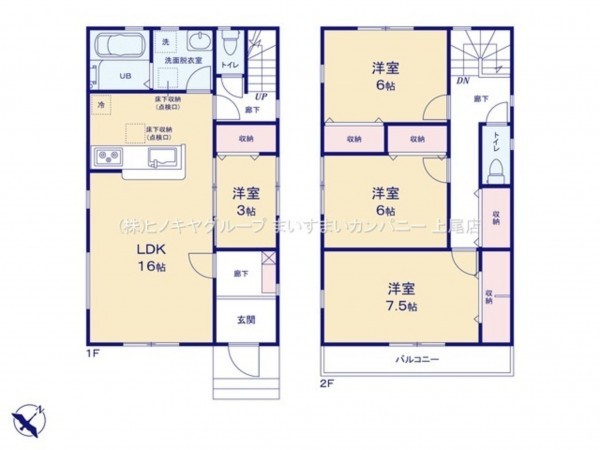 上尾市東町、新築一戸建ての間取り画像です