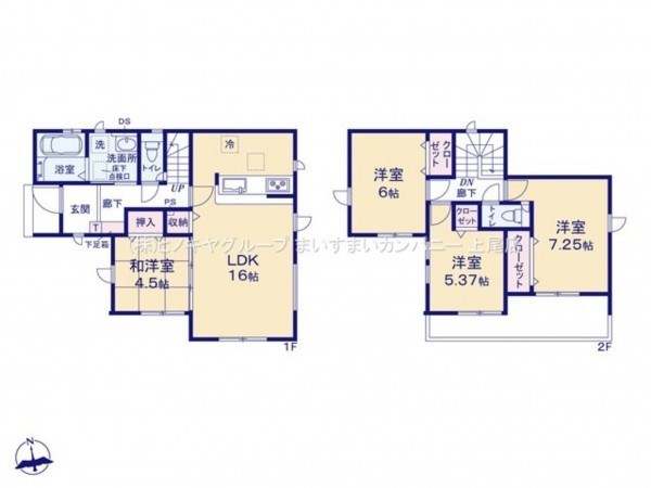 上尾市大字瓦葺、新築一戸建ての間取り画像です