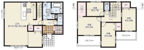 上尾市大字上、新築一戸建ての間取り画像です