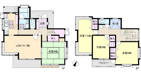 上尾市向山、中古一戸建ての間取り画像です