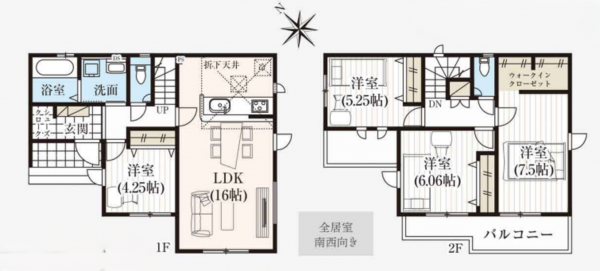 上尾市大字原市、新築一戸建ての間取り画像です