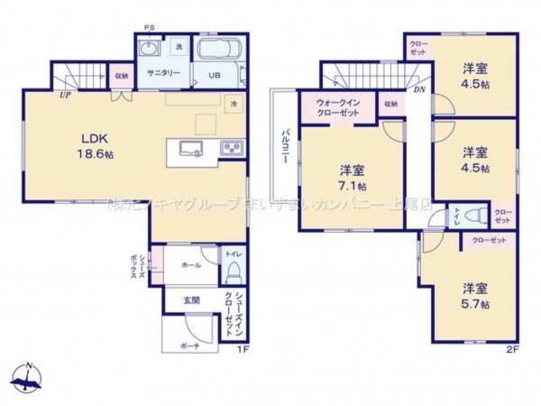 上尾市本町、新築一戸建ての間取り画像です