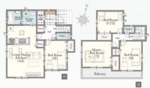 桶川市鴨川、新築一戸建ての間取り画像です