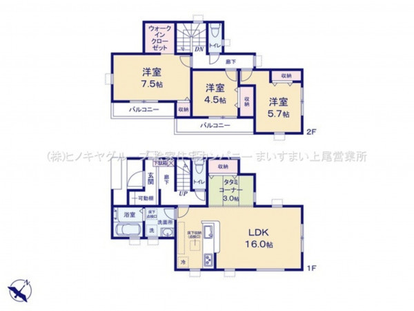 上尾市大字瓦葺、新築一戸建ての間取り画像です