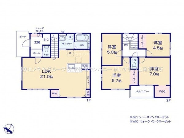 上尾市大字原市、新築一戸建ての間取り画像です