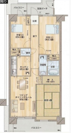 上尾市柏座、マンションの間取り画像です